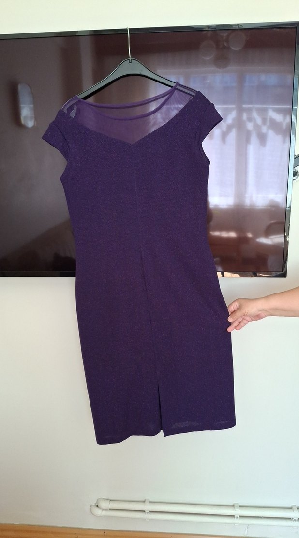 Parlak Mor V-Yaka Midi Kadın Elbise - Görsel 5
