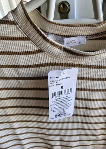 Bianco Lucci Bej kahverengi Çizgili Kısa Kollu  Elbisesi - Görsel 2