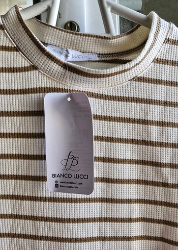 Bianco Lucci Bej kahverengi Çizgili Kısa Kollu  Elbisesi - Görsel 3