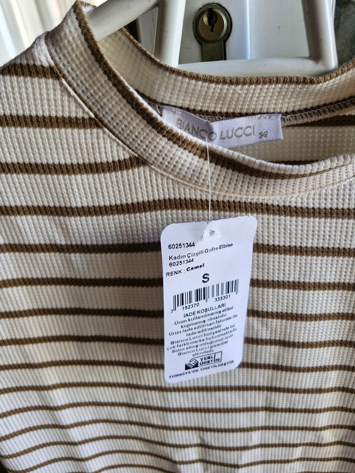 Bianco Lucci Bej kahverengi Çizgili Kısa Kollu  Elbisesi - Görsel 2