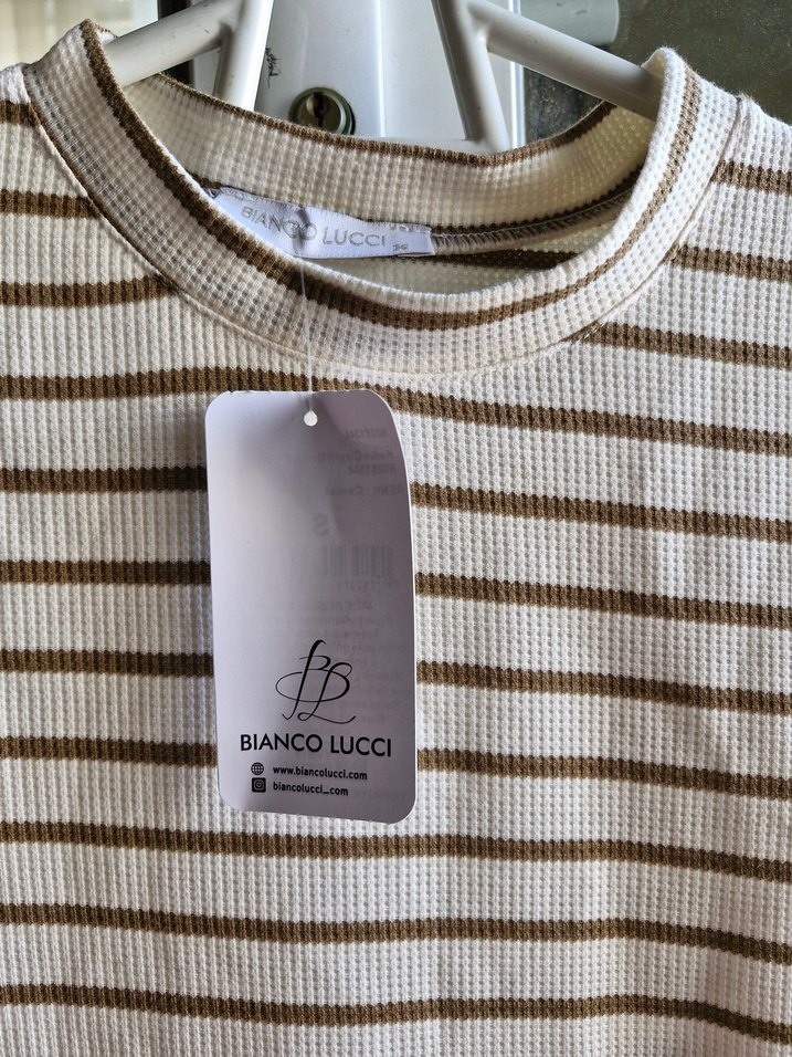 Bianco Lucci Bej kahverengi Çizgili Kısa Kollu  Elbisesi - Görsel 3