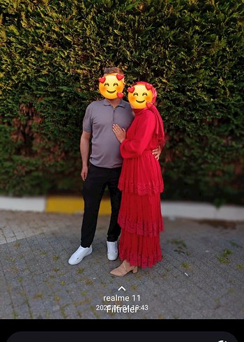 Uzun Kollu Kırmızı Fırfırlı Etnik Abiye