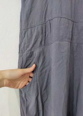xl Beden Gri Keten Askılı Bohem Uzun Elbise