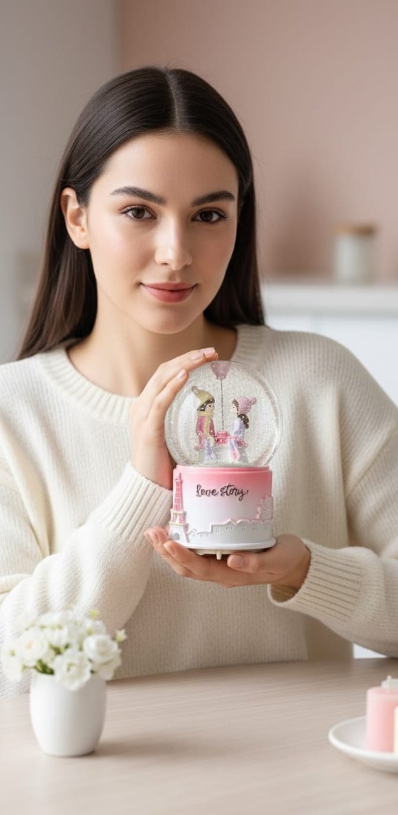 Love Story Çift Temalı Işıklı Müzikli Kar Küresi -Orta Boy - Görsel 2