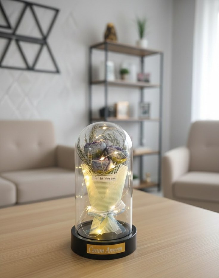 Işıklı Canım Annem Temalı Fanus-Turkuaz Gül Buketi - Görsel 2