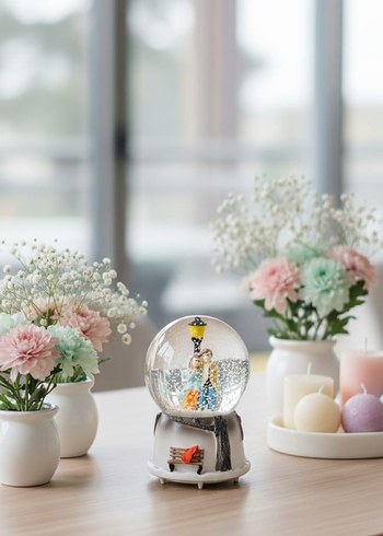 Orta Boy Sokak Lambası Romantik Çift Işıklı Müzikli Kar Küresi - Görsel 3