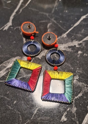 Twist Renkli Nakışlı Boncuklu uzun Bohem Küpeler - Görsel 3