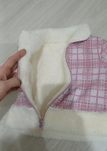 Kız Çocuk Pembe Ekose Kürklü Ceket - Görsel 5