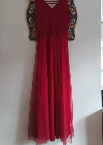 Klasik Kırmızı Nakışlı Uzun Abiye Elbise - Görsel 3