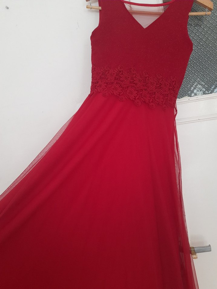 Klasik Kırmızı Nakışlı Uzun Abiye Elbise - Görsel 2