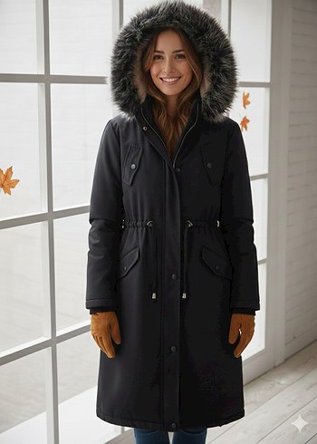 İçi Kürklü Uzun Lacivert Kadın Mont - Görsel 2