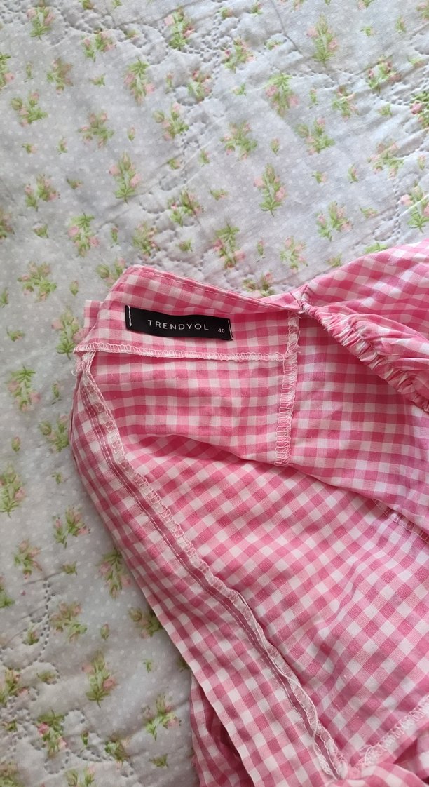 Pembe Kareli Fırfırlı Hamile Bluzu - Görsel 4