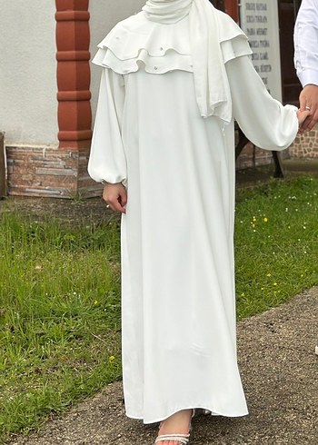 İşlemeli Beyaz Uzun Kollu Uzun Elbise - Görsel 3