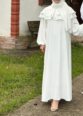 İşlemeli Beyaz Uzun Kollu Uzun Elbise - Görsel 2