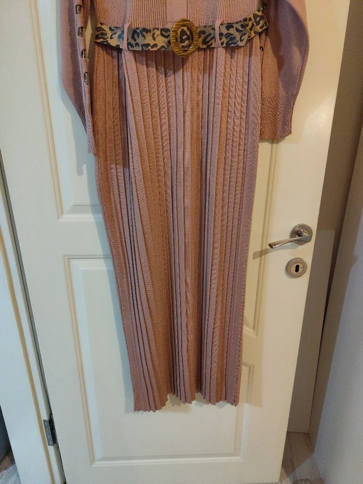 gül kurusu Kadın Triko Yılan Desenli Uzun Elbise - Görsel 5