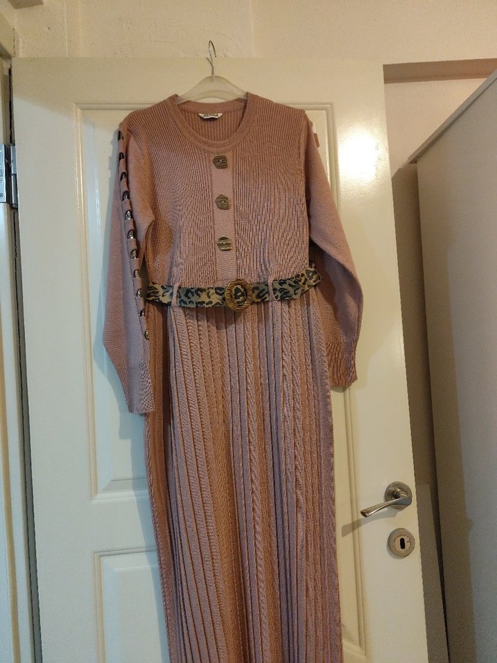 gül kurusu Kadın Triko Yılan Desenli Uzun Elbise - Görsel 2