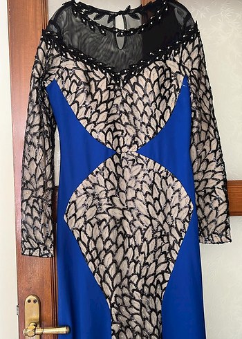 Uzun Kollu Drapeli Desenli Mavi Abiye Elbise - Görsel 3