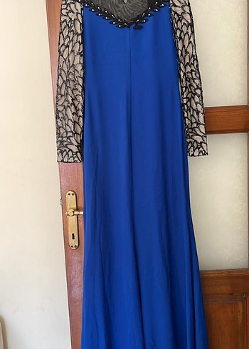 Uzun Kollu Drapeli Desenli Mavi Abiye Elbise - Görsel 4