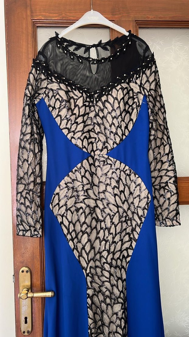 Uzun Kollu Drapeli Desenli Mavi Abiye Elbise - Görsel 3