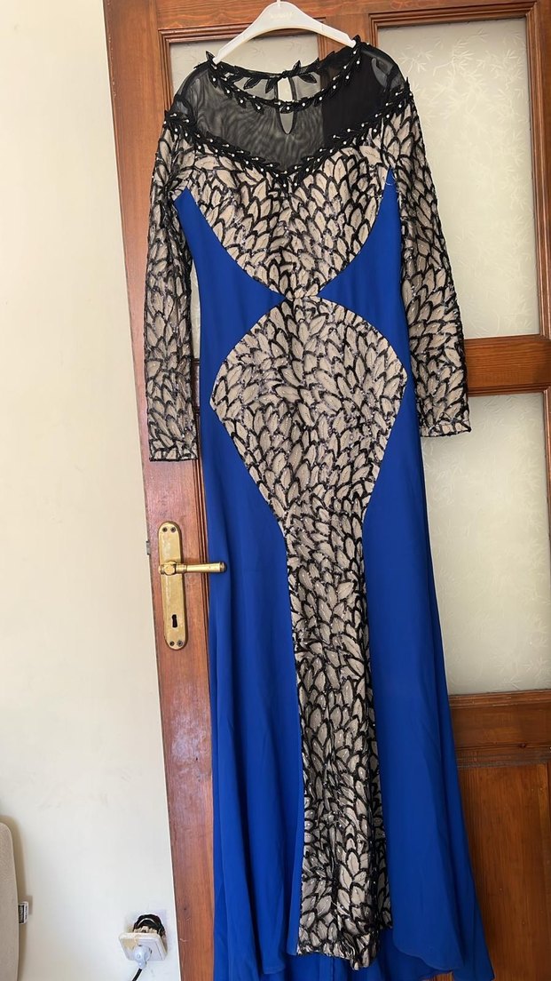 Uzun Kollu Drapeli Desenli Mavi Abiye Elbise - Görsel 2