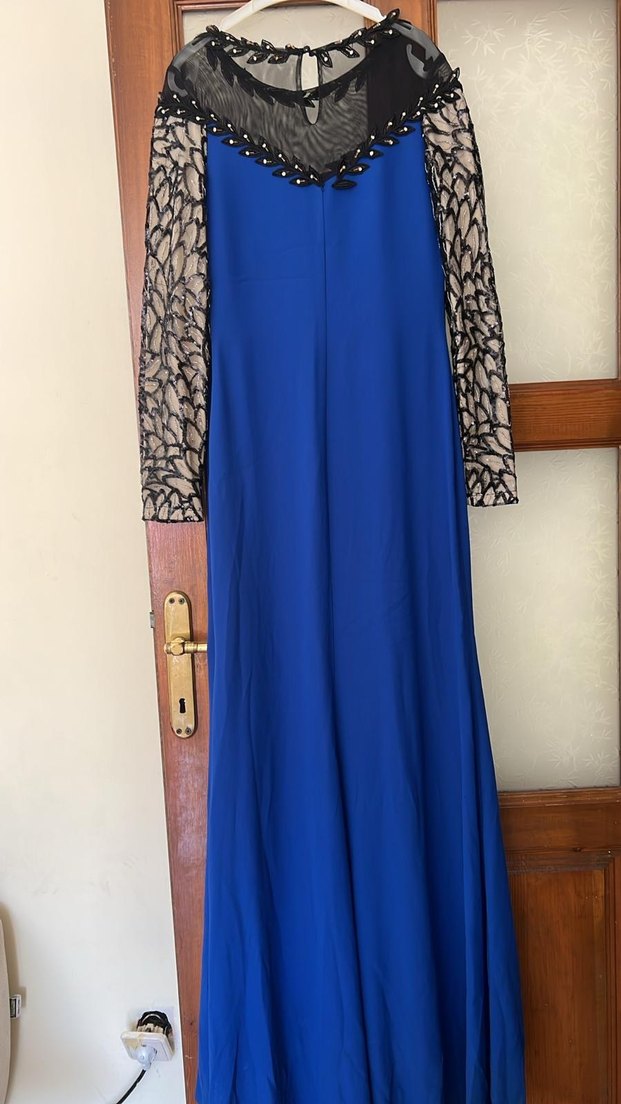 Uzun Kollu Drapeli Desenli Mavi Abiye Elbise - Görsel 4