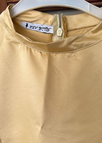 Gold Uzun Kollu Kadın Saten Elbise - Görsel 5