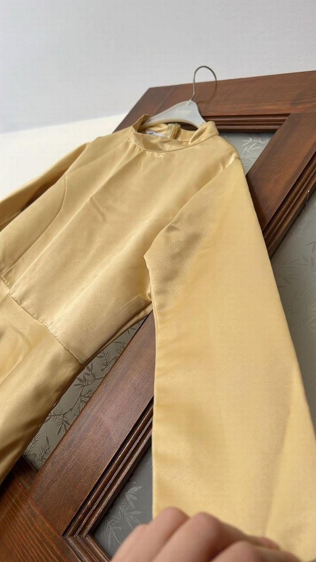 Gold Uzun Kollu Kadın Saten Elbise - Görsel 4