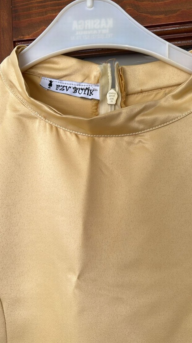 Gold Uzun Kollu Kadın Saten Elbise - Görsel 5