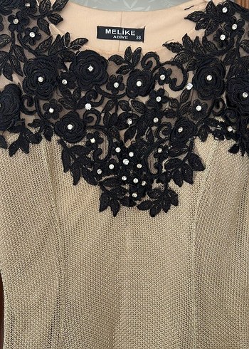 Bej İşlemeli Uzun Kollu Kadın Elbise - Görsel 3