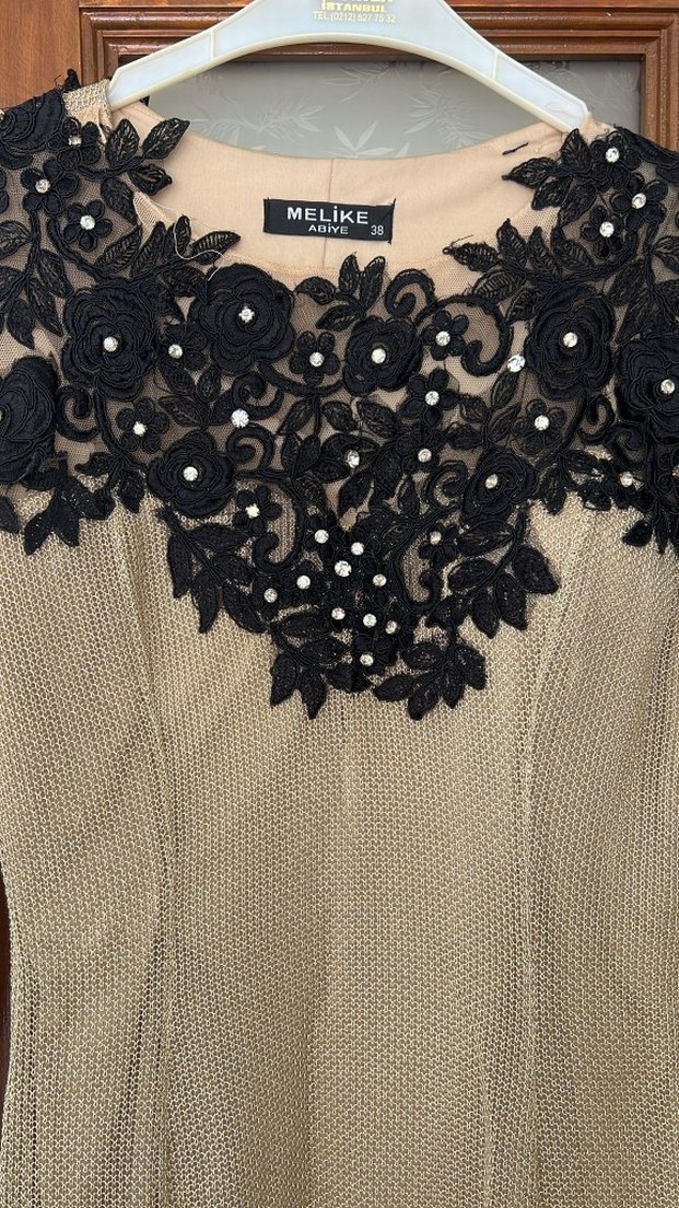 Bej İşlemeli Uzun Kollu Kadın Elbise - Görsel 3