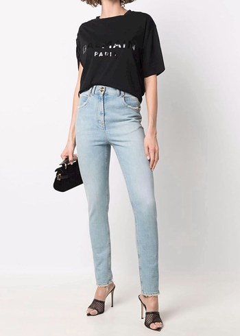 Balmain Kadin Orijinal Mavi Jean Yuksek Bel