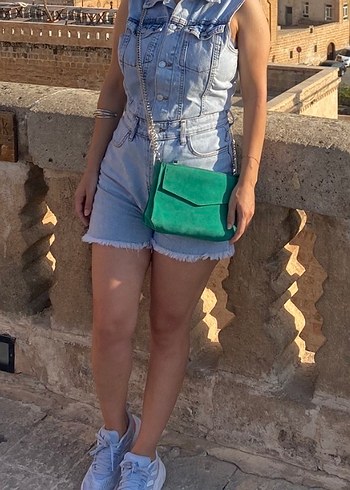 Kadın Mavi Denim Kısa Tulum - Görsel 2