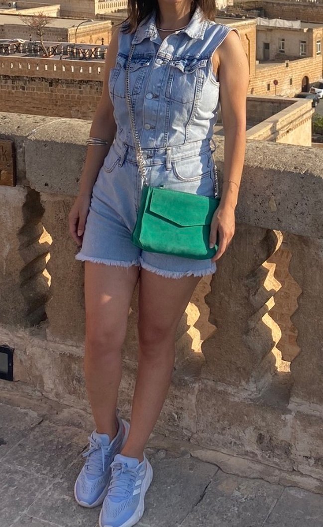 Kadın Mavi Denim Kısa Tulum - Görsel 2