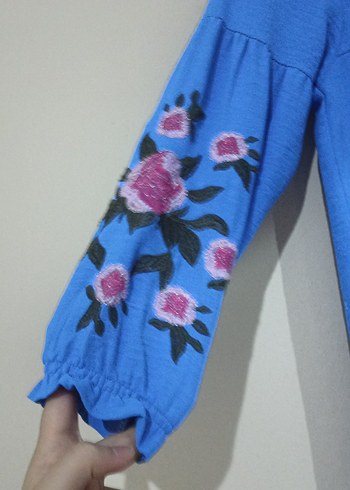 Kız çocuk Mavi Çiçek nakışlı elbise - Görsel 2