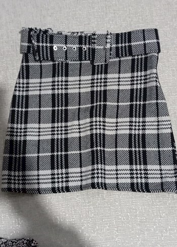Gri Kemerli Ekose Mini Etek