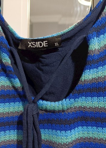 xl Beden Mavi Çizgili Örgü Midi Elbise