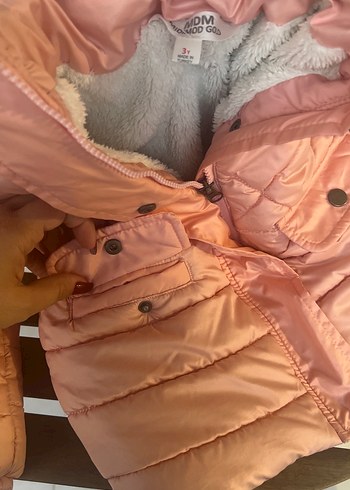24-36 Ay Beden pembe Renk Kız Çocuk Pembe Kürklü Kapüşonlu Mont