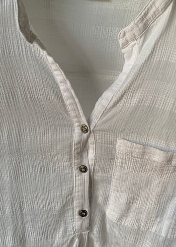 Düğmeli V Yaka Uzun Kollu Keten Gömlek - Görsel 4