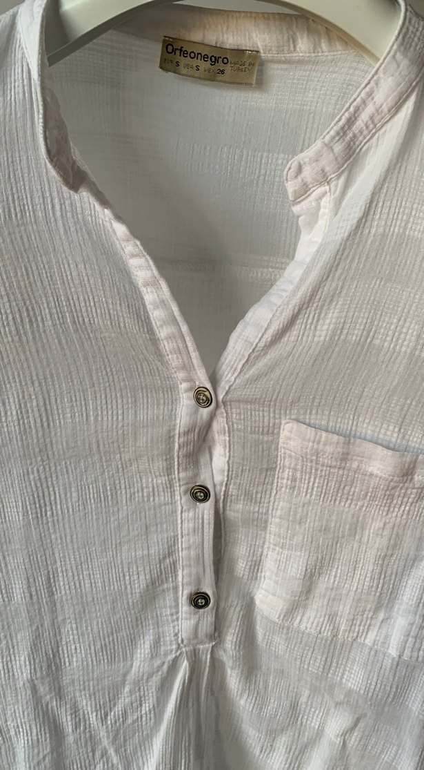 Düğmeli V Yaka Uzun Kollu Keten Gömlek - Görsel 4