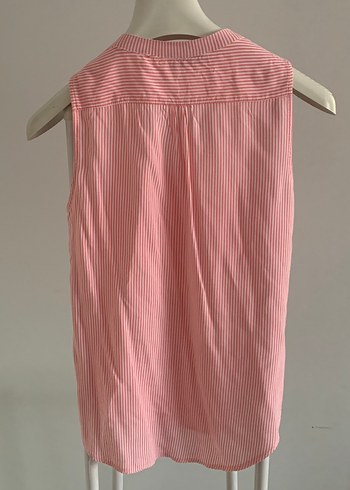 Kadın Pembe Çizgili V Yakalı Kolsuz Gömlek - Görsel 2