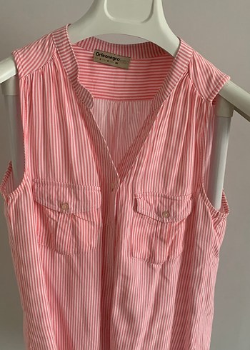 Kadın Pembe Çizgili V Yakalı Kolsuz Gömlek - Görsel 3