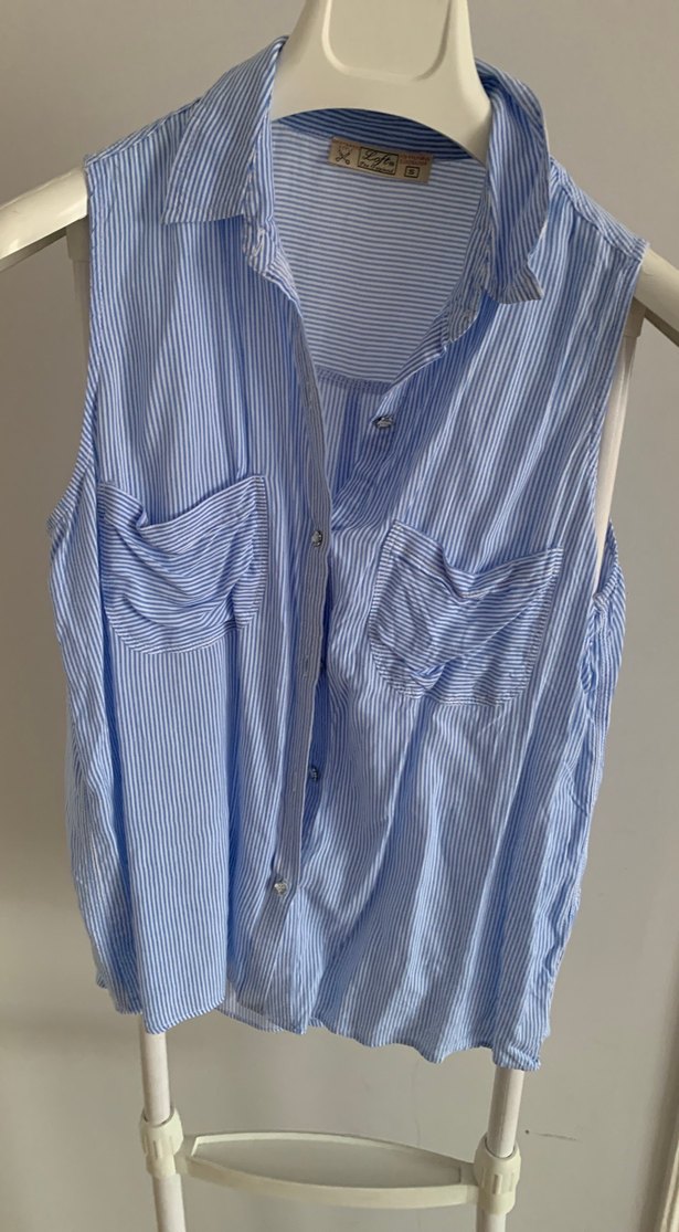 Düğmeli, Kolsuz Mavi Çizgili Kadın Gömlek - Görsel 2