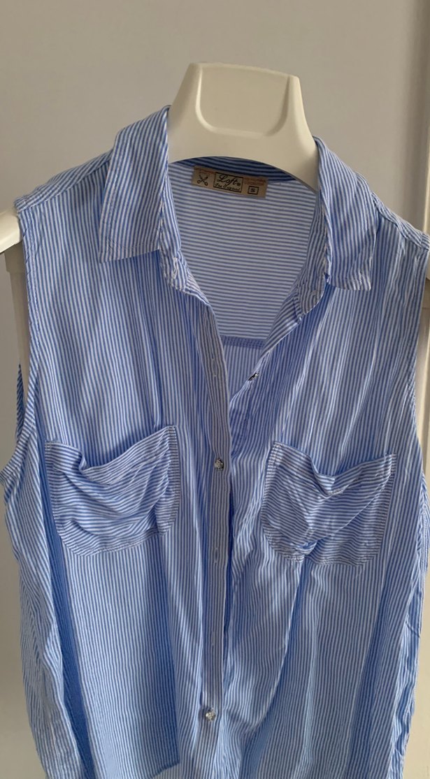 Düğmeli, Kolsuz Mavi Çizgili Kadın Gömlek - Görsel 4