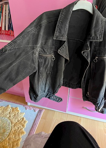 42 Beden Siyah Kadın Denim Ceket, Tokalı, Salaş Kesim