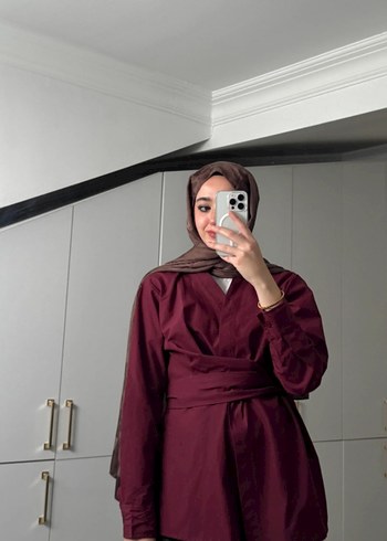 Bordo belden bağlamalı kimono gömlek - Görsel 4
