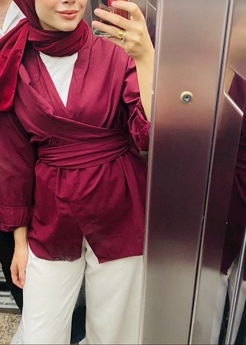 Bordo belden bağlamalı kimono gömlek - Görsel 5