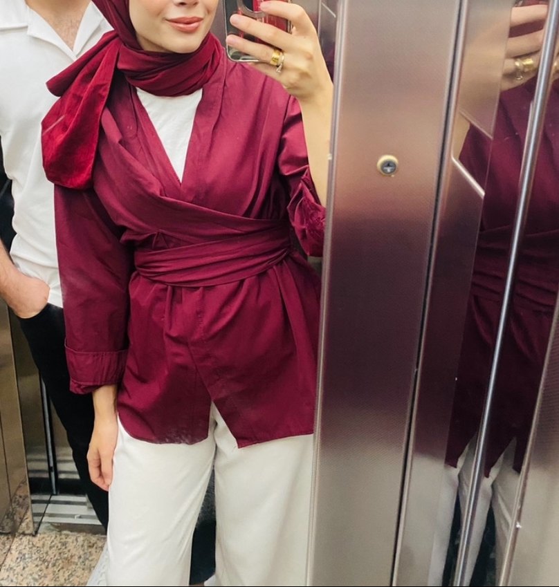 Bordo belden bağlamalı kimono gömlek - Görsel 5