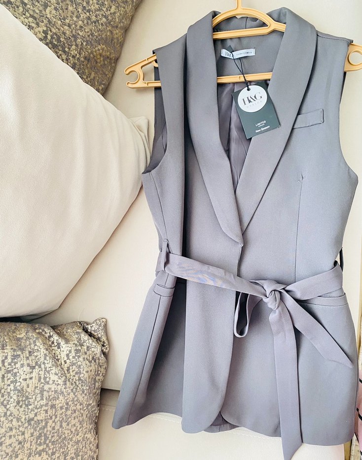 Kemerli Gri Kadın Blazer Yelek - Görsel 3