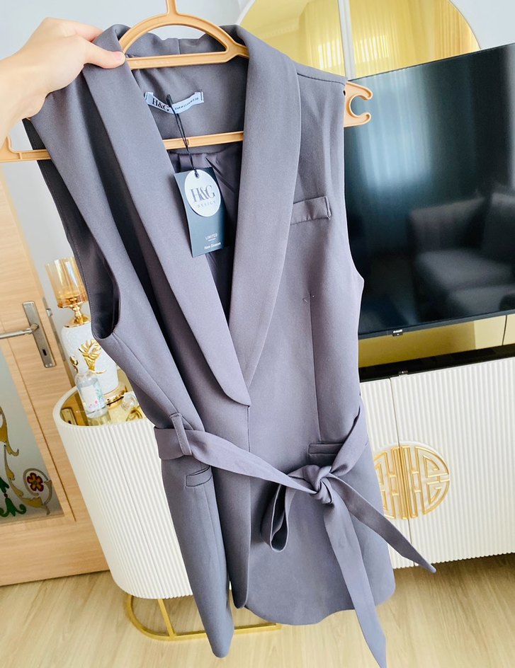 Kemerli Gri Kadın Blazer Yelek - Görsel 2