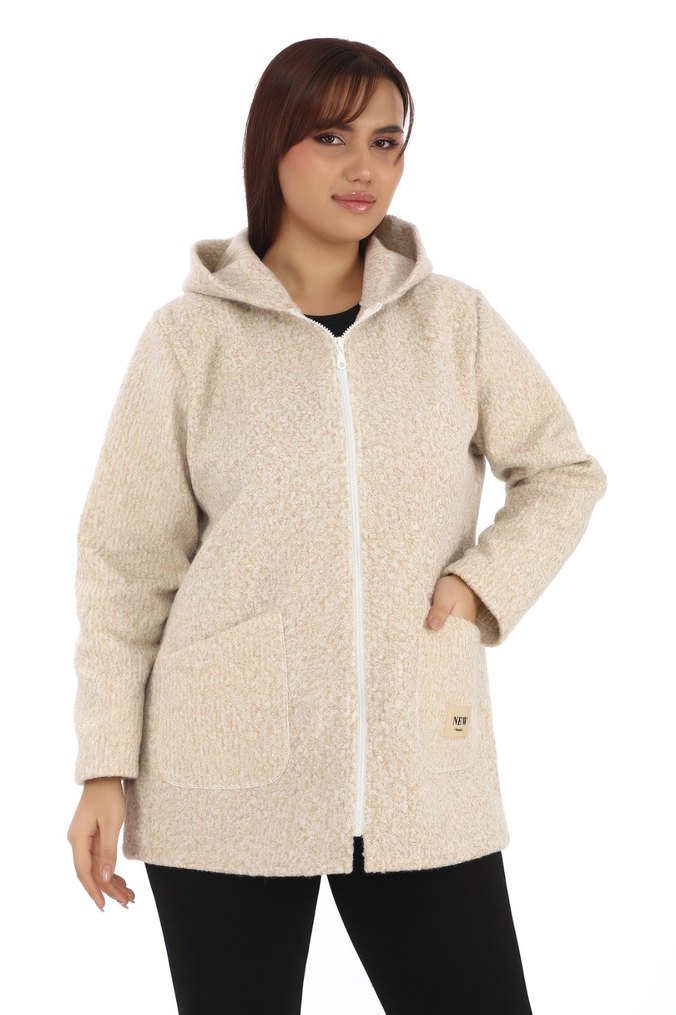 Bej Kadın Fermuarlı Peluş Ceket - Görsel 2
